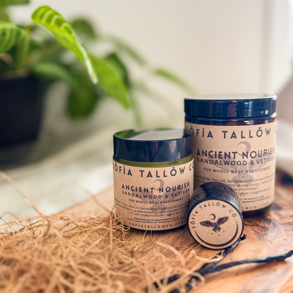 Ancient Nourish Sandalwood Vetiver whipped tallow balm with grounding woodsy aroma